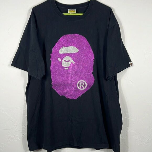 🦍 A BATHING APE BAPE Purple Glitter Streetwear Designer LOGO T-SHIRT 2XL - EUC - Picture 1 of 8